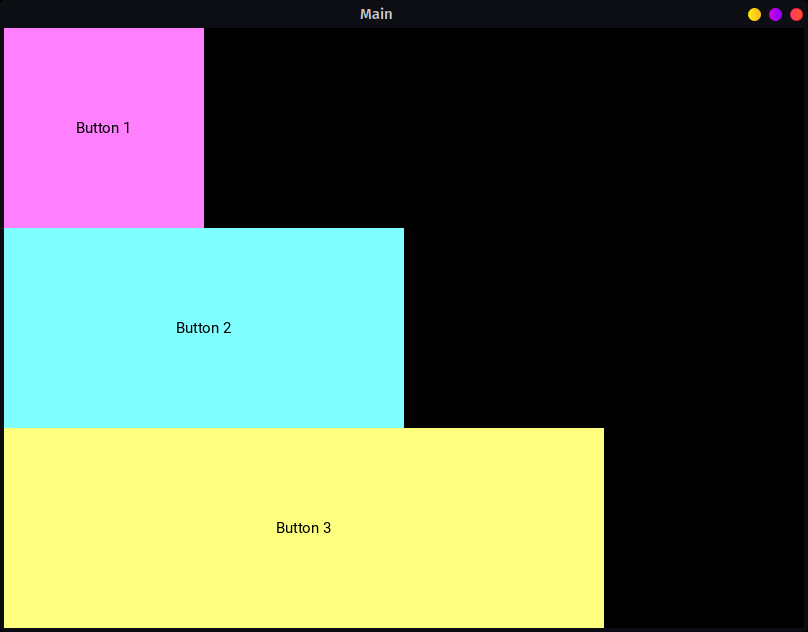 Three vertically stacked buttons of varying widths: pink, cyan, and yellow.