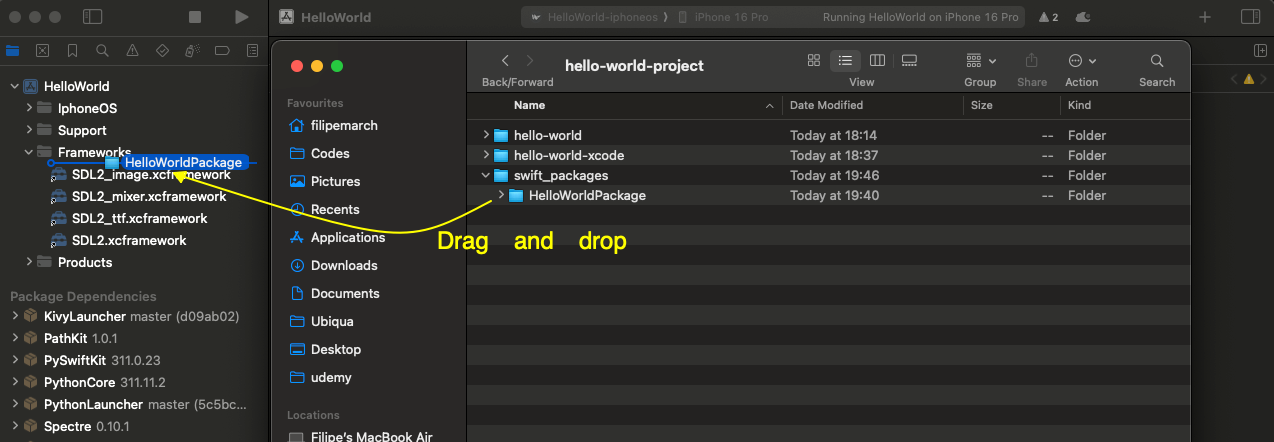 Drag and drop the Swift package into Xcode's Frameworks section