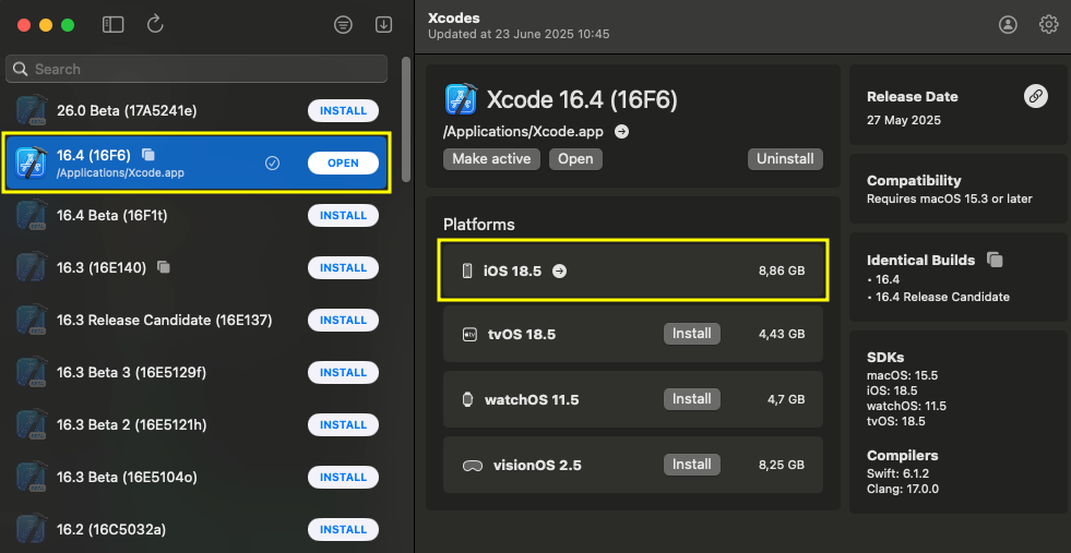 Xcodes installation
